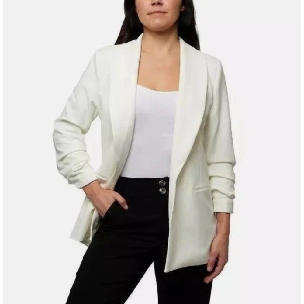 Dakota Blue Women's L White Open Front Blazer Jacket Ruched Sleeve N0436